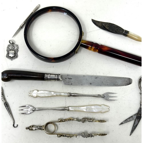 1351 - A hardstone silver mounted pistol handle knife, a magnifying glass, assorted other items (box)