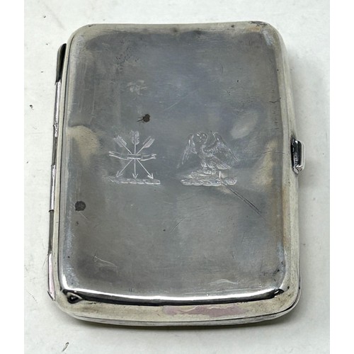 1355 - A Victorian silver cigarette case, crested, the front engraved with hunting scene , London 1866