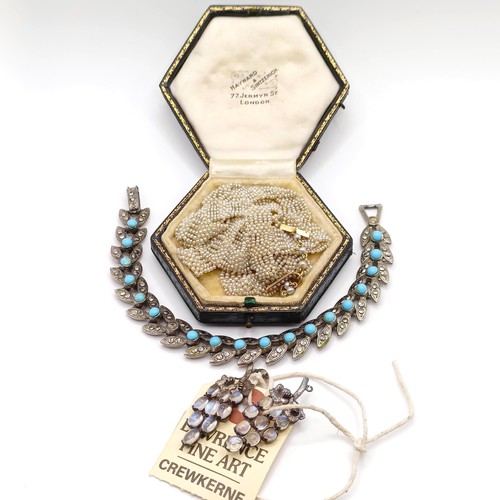 842 - A pair of moonstone pendants, in the form of grapes, a vintage jewellery box, with a seed pearl neck... 