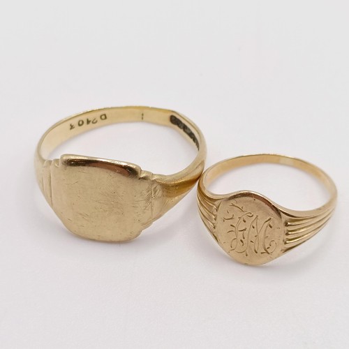 827 - A 9ct gold signet ring, 3.7g, and a yellow metal signet ring (2)