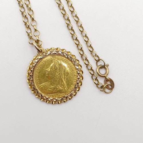 814 - A Queen Victoria half sovereign, 1895, in a 9ct gold mount, and with a 9ct gold chain