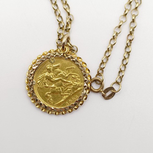 814 - A Queen Victoria half sovereign, 1895, in a 9ct gold mount, and with a 9ct gold chain