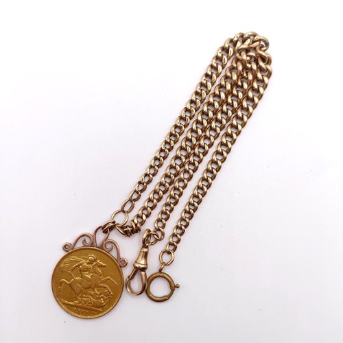 743 - A Victorian double sovereign, 1887, on a 9ct gold chain, all in 51.7 g