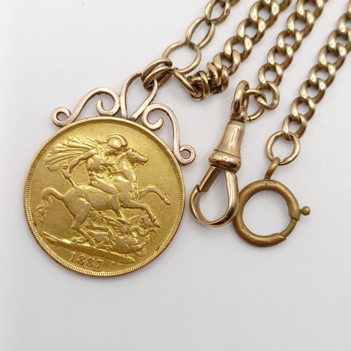 743 - A Victorian double sovereign, 1887, on a 9ct gold chain, all in 51.7 g