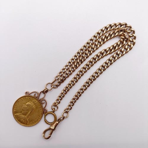 743 - A Victorian double sovereign, 1887, on a 9ct gold chain, all in 51.7 g