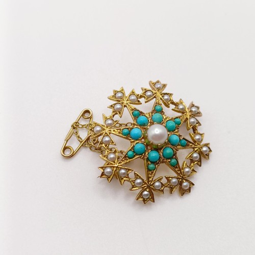 672 - A yellow metal, seed pearl and turquoise brooch