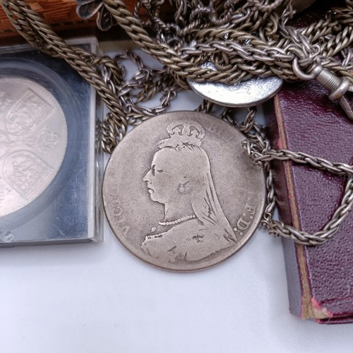 975 - A Victorian crown, 1890, rubbed, assorted silver coloured metal and costume jewellery, coins and oth... 