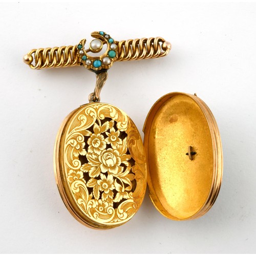 946 - A 19th century yellow coloured metal and turquoise oval vinaigrette, decorated flowers, having a pie... 