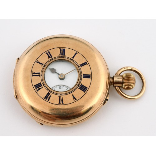 1025 - A 9ct gold half hunter pocket watch, monogrammed, the enamel dial signed J W Benson, London