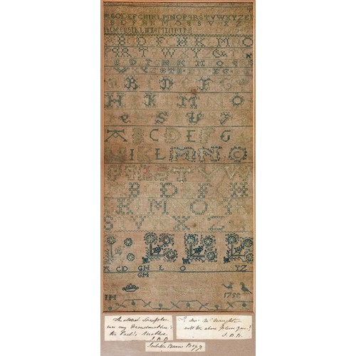 1400 - Robert Burns interest: A sampler, incorporating letters of the alphabet and flowers, birds, initials... 