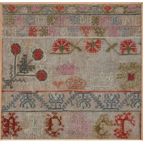 1401 - Robert Burns interest: A sampler, incorporating letters of the alphabet, flowers and coronets, 19 x ... 