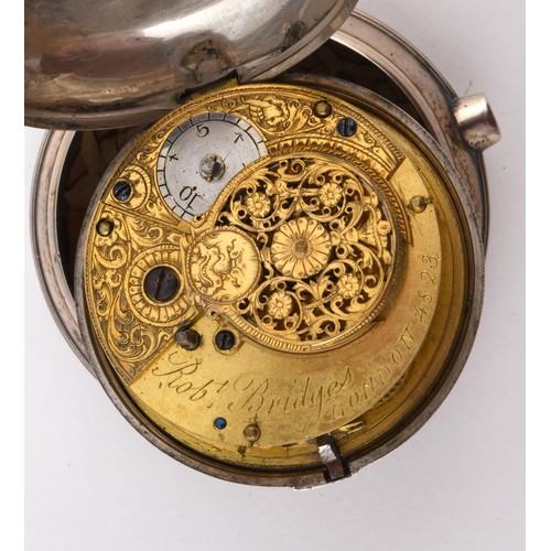 1058 - An 18th century silver pair cased pocket watch,  Robert Bridges London No 4823, on a later dolphin s... 