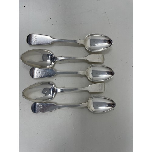 1273 - A set of five silver fiddle pattern dessertspoons, initialed, London 1839, 8.9 ozt