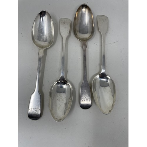 1264 - A set of four early Victorian silver fiddle pattern tablespoons, initialed, London 1839, 10.3 ozt