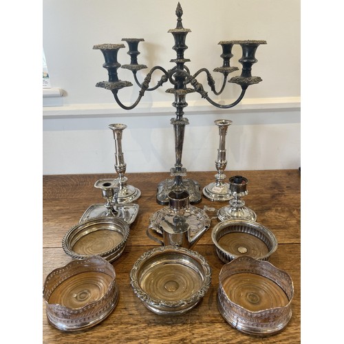 1385 - A pair of silver plated telescopic candlesticks, a candelabrum, two chamber sticks, a candlestick, a... 