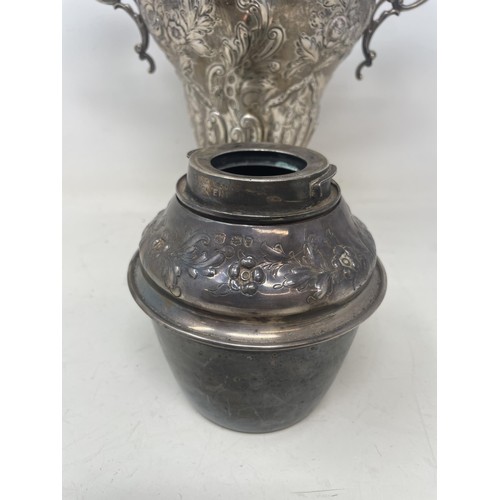 1165 - A late Victorian two handled vase, London 1898, 29 ozt, converted to an oil lamp,