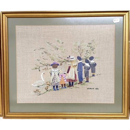 1413 - A G Frear needlework panel, children playing, signed, 34 x 47 cm and four other needlework panels (5... 