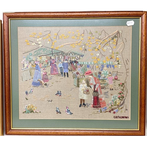 1413 - A G Frear needlework panel, children playing, signed, 34 x 47 cm and four other needlework panels (5... 