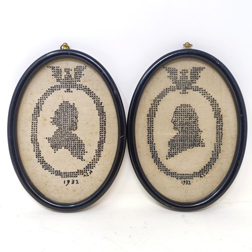 1418 - A pair of unusual needlework silhouette portraits, possibly American, dated 1932, 20 x 14 cm