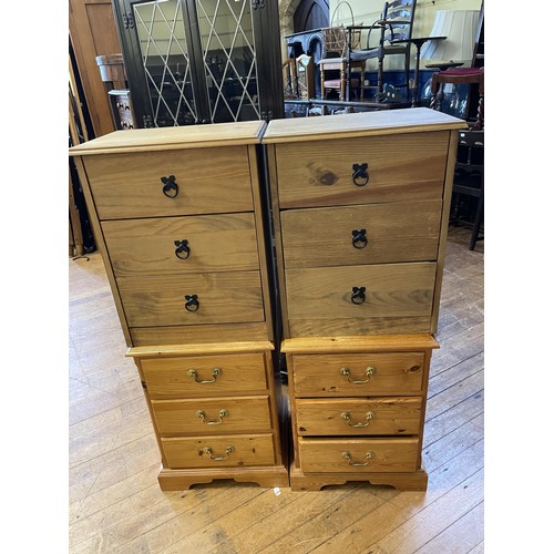 1688 - A pair of pine bedside chests, with three drawers, 46 cm wide, another pair, and a pine chest (5)