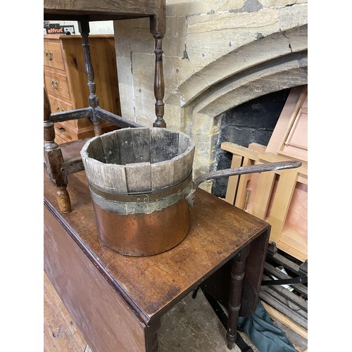 1691 - An oak side table, 76 cm wide, a copper saucepan, a drop leaf table, a cast metal stand, and a chair... 