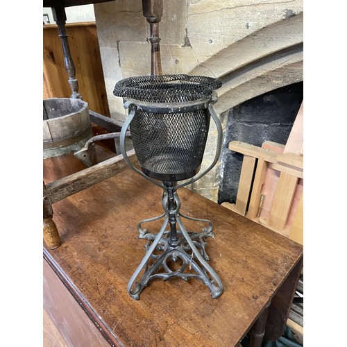 1691 - An oak side table, 76 cm wide, a copper saucepan, a drop leaf table, a cast metal stand, and a chair... 