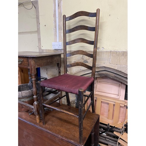 1691 - An oak side table, 76 cm wide, a copper saucepan, a drop leaf table, a cast metal stand, and a chair... 