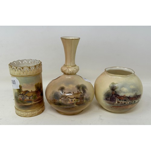 1460 - A Royal Worcester vase, decorated Anne Hathaway's Cottage, 9 cm high, another, 13 cm high, and a Roy... 