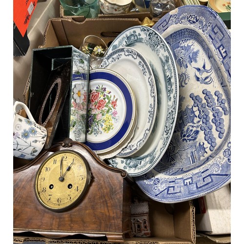 1514 - A walnut mantel clock, assorted boxes, ceramics, glass and other items (5 boxes)