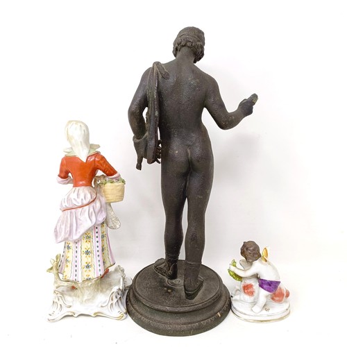 1543 - A bronze figure of Narcissus, and two Dresden figures (3)