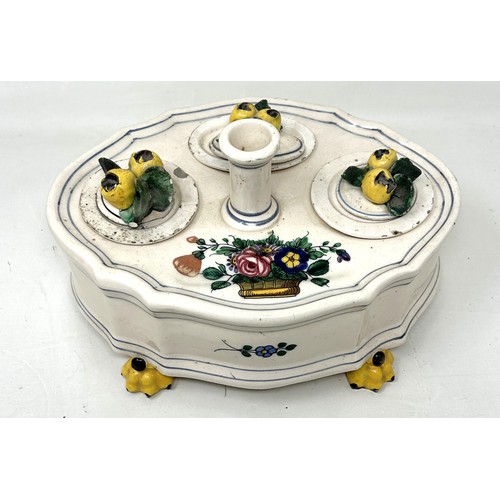 1536 - A 19th century creamware inkstand, decorated fruit, 23 cm wide