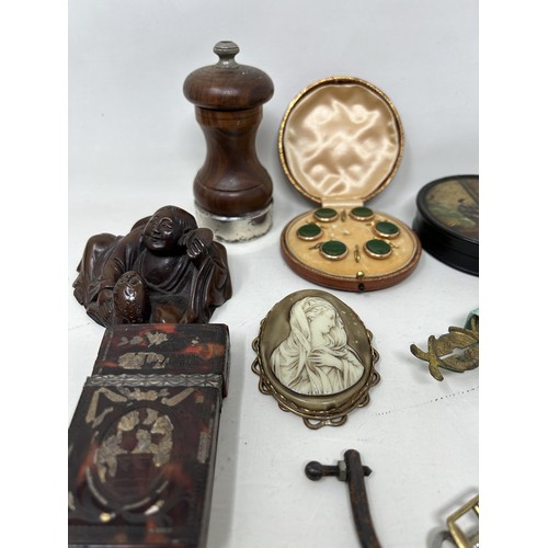 1537 - A silver mounted oak pepper grinder and other items