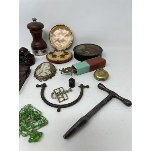 1537 - A silver mounted oak pepper grinder and other items