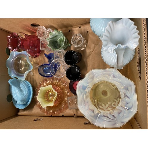 1582 - A pair of early 20th century satin glass ewers, assorted coloured and carnival glass (3 boxes)