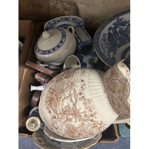 1477 - A blue and white part dinner service, assorted ceramics, prints and other items (6 boxes)