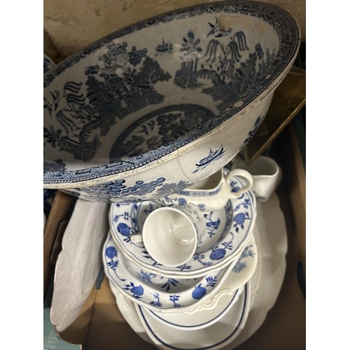 1477 - A blue and white part dinner service, assorted ceramics, prints and other items (6 boxes)