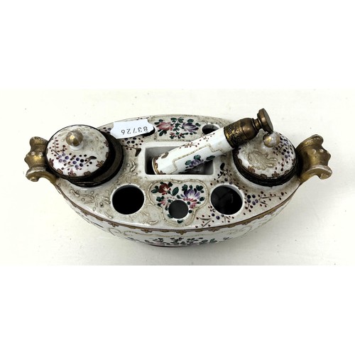 1578 - A French porcelain inkstand, decorated flowers, 21 cm wide