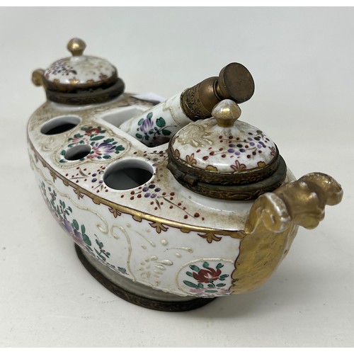 1578 - A French porcelain inkstand, decorated flowers, 21 cm wide