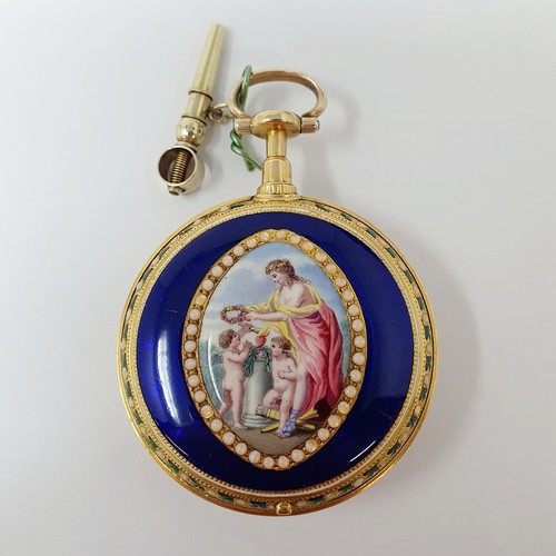 1057 - A 19th century Continental yellow metal and enamel open face pocket watch, the back decorated with c... 