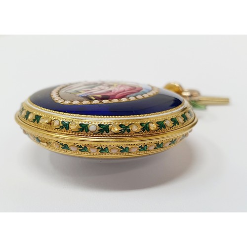 1057 - A 19th century Continental yellow metal and enamel open face pocket watch, the back decorated with c... 