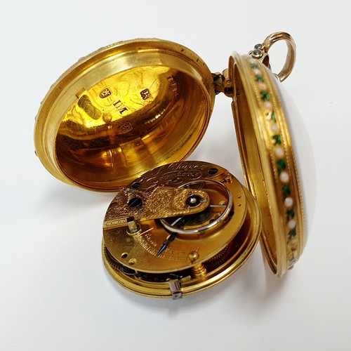 1057 - A 19th century Continental yellow metal and enamel open face pocket watch, the back decorated with c... 