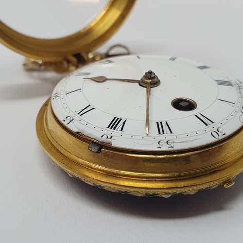 1057 - A 19th century Continental yellow metal and enamel open face pocket watch, the back decorated with c... 