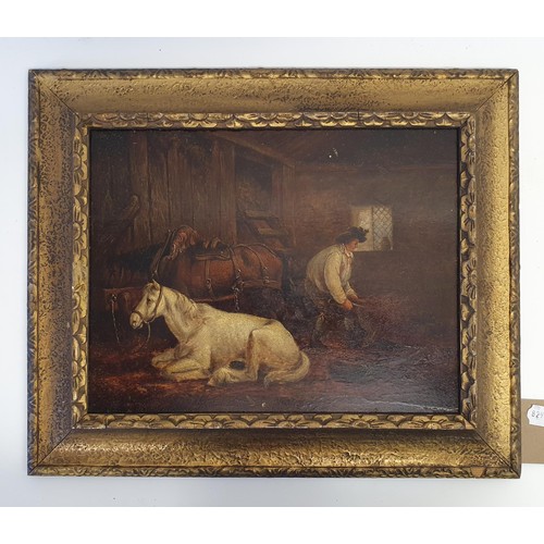 880A - 19th century English school, stable scene, with a figure and two horses, oil on board, 25 x 32 cm