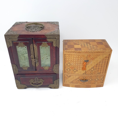 1454A - A Chinese jewellery box, the doors inset with green stone, 25 cm high, and another box (2)