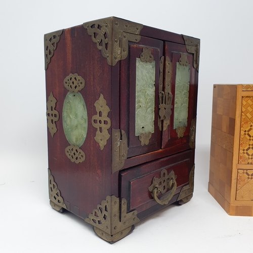 1454A - A Chinese jewellery box, the doors inset with green stone, 25 cm high, and another box (2)