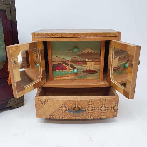 1454A - A Chinese jewellery box, the doors inset with green stone, 25 cm high, and another box (2)