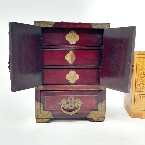 1454A - A Chinese jewellery box, the doors inset with green stone, 25 cm high, and another box (2)