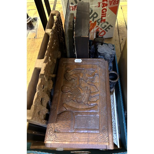 1460A - A carved Eastern panel, 50 x 30 cm, and assorted other items (box)