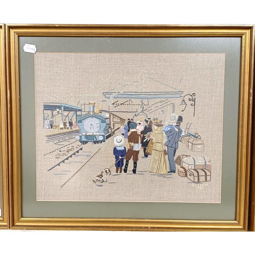 871 - A G Frear needlework panel, children playing, signed, 34 x 47 cm and four other needlework panels (5... 