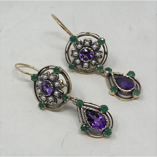 517 - A pair of 9ct gold, emerald, amethyst and pearl drop earrings